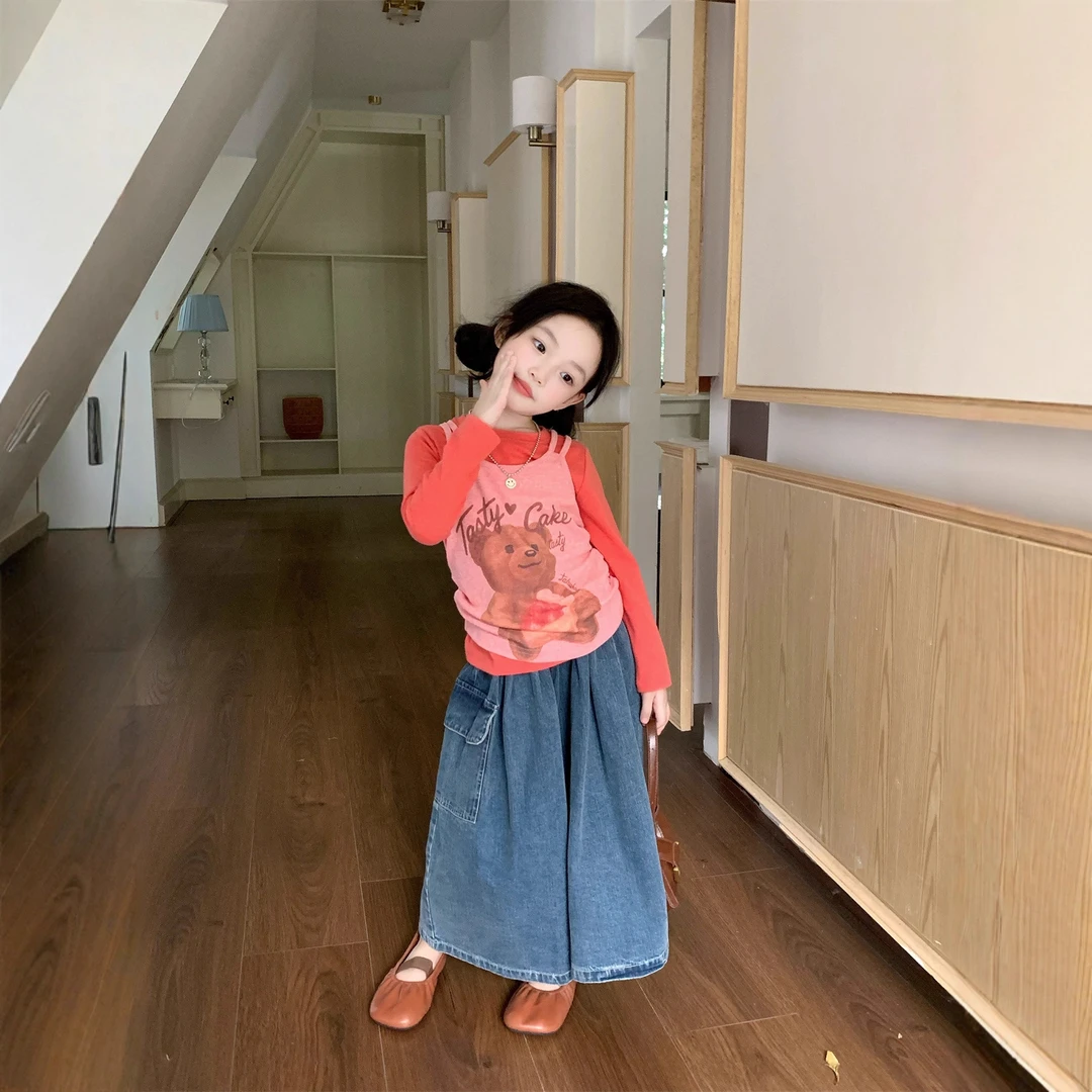秋季新款女童韩版卡通背心两件套T恤儿童大口袋牛仔裤潮