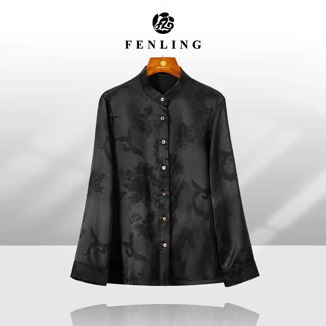 芬领-凤凰花黑-2025春季高定真丝桑蚕丝冠乐缎长袖衬衫国风SY1935