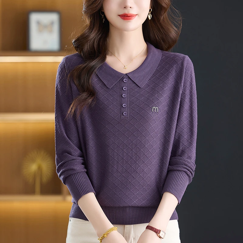 娃娃领上衣女秋装大码洋气针织衫宽松显瘦百搭薄款春秋毛衣打底衫