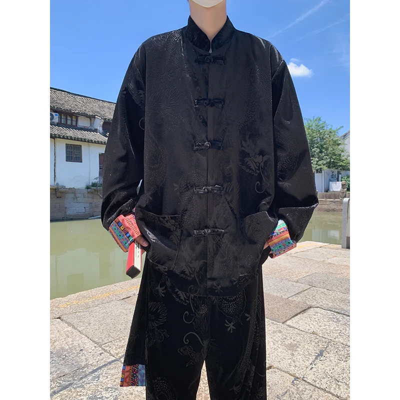 中国风居士服唐装男秋冬季中国风龙纹提花大码宽松立领中山装茶服