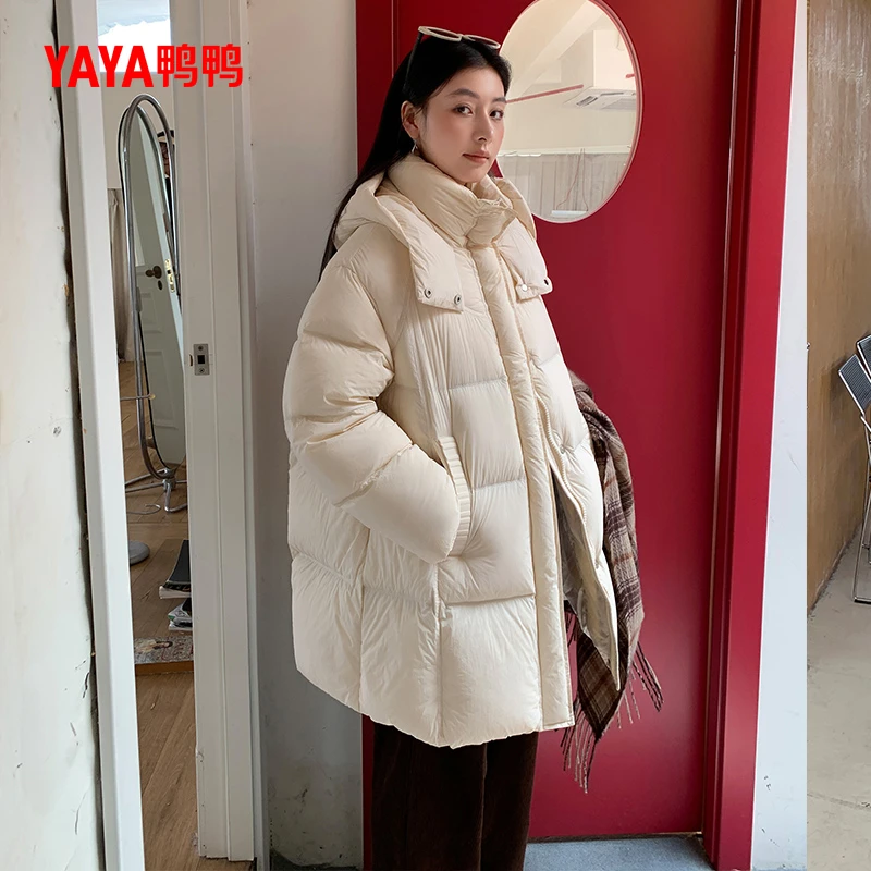 YAYA/鸭鸭2024新款韩版时尚极寒加厚连帽中长款宽松休闲羽绒服女