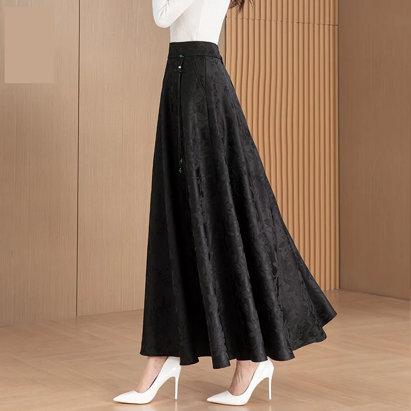 新中式国风黑色半身裙高腰裙子大摆裙中长款中长裙