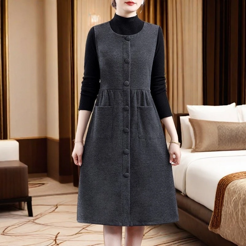 春秋季新款女士无袖连衣裙时尚女装妈妈气质休闲百搭洋气马甲裙子