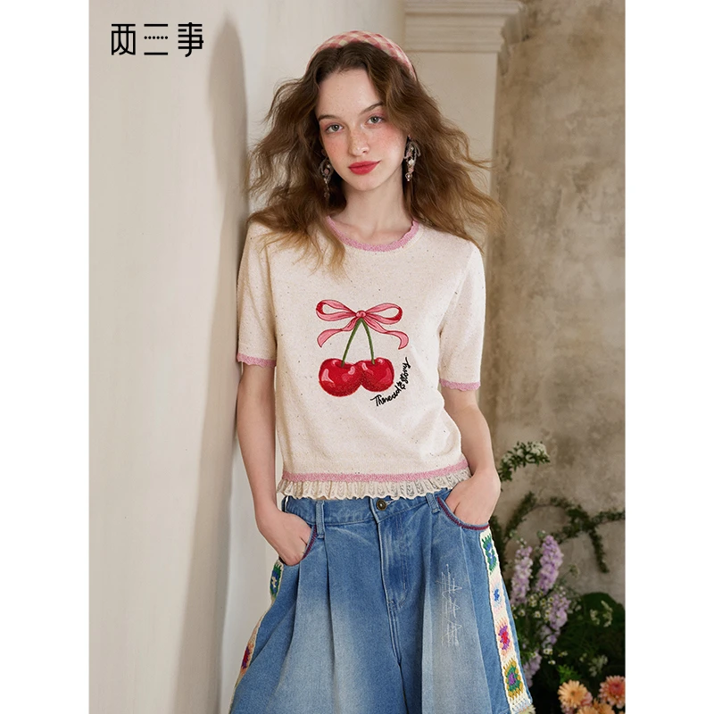 两三事 樱桃琼浆  甜美蕾丝樱桃短袖针织衫S25XZZ299