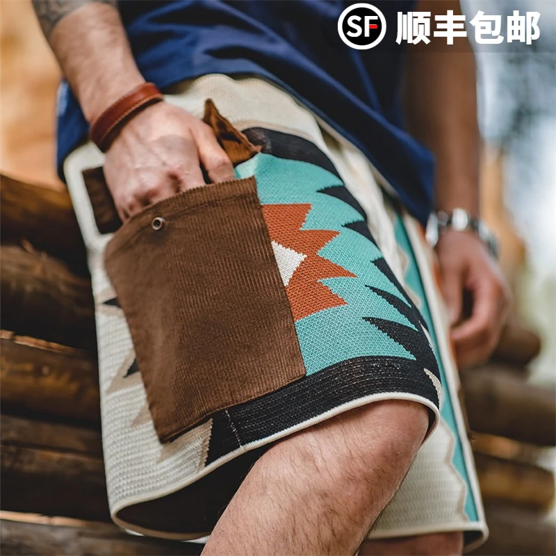 马登工装美式复古纳瓦霍针织短裤民族风宽松海边沙滩五分裤男夏