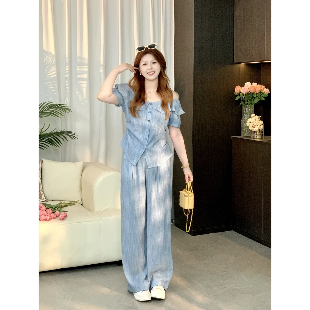 楠序迪迪微胖女装 2025夏季显瘦时尚减龄小衫长裤套装女DD10558