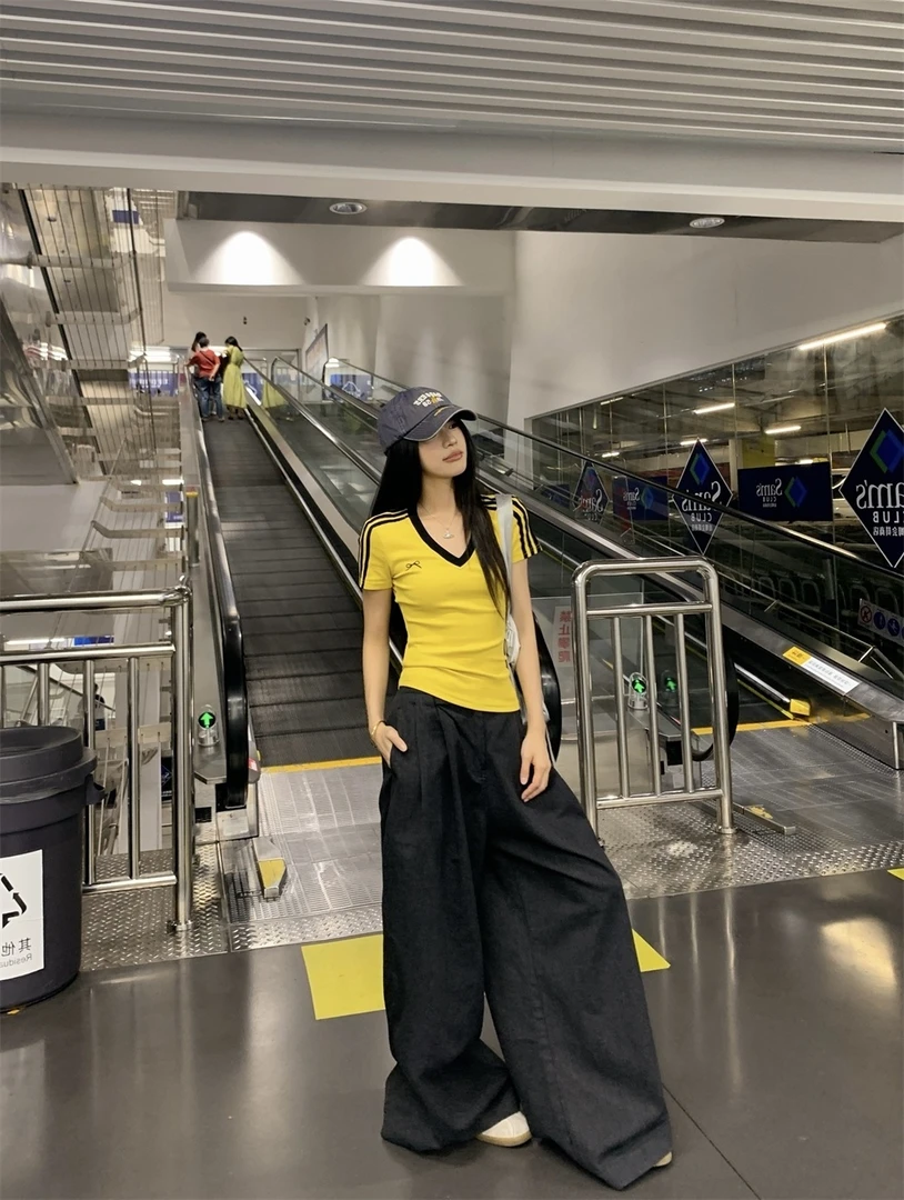 AX 温柔风黄色蝴蝶结v领正肩短袖T恤夏季新款修身短款半袖上衣