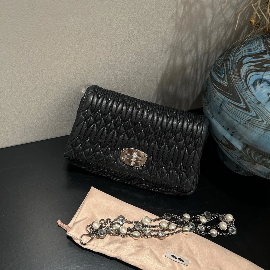 95新 MIU MIU/缪缪 钻石链条褶皱宝石包小号