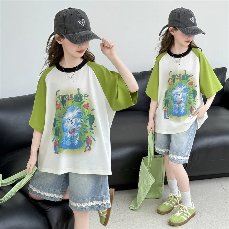 女童夏装T恤2025新款儿童装夏季半袖上衣中大童女孩牛仔中裤套装