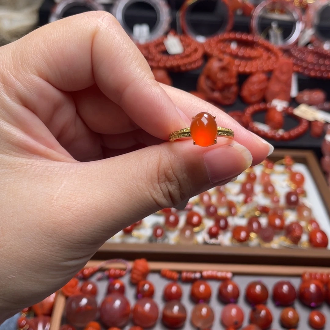 南红玛瑙银S925镶嵌冰红戒指