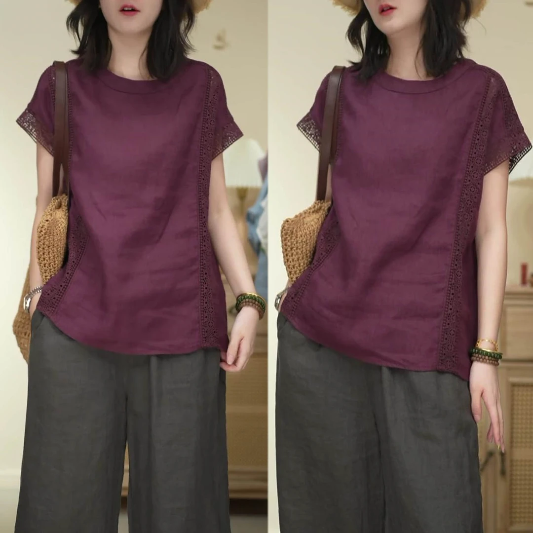 时尚设计感圆领短袖T恤女2025夏季新款洋气宽松显瘦蕾丝镂空上衣