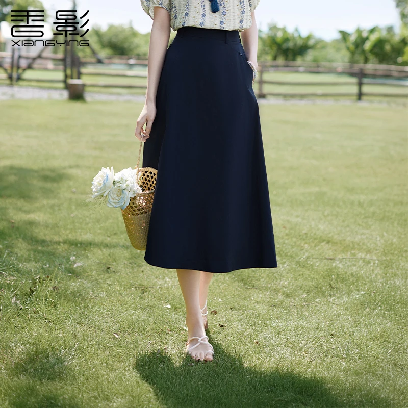 R85S737半身裙 香影藏青色a字高腰半身裙女夏季新款伞裙垂感半裙