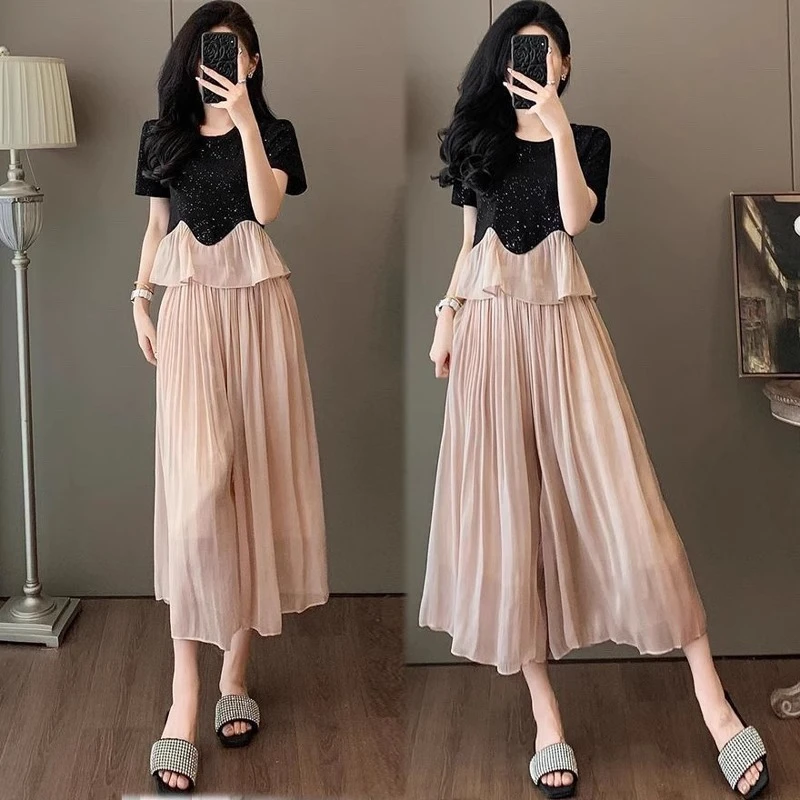 【300斤胖妹妹】夏日绝美温柔穿搭套装设计感短袖上衣+阔腿裤两件套