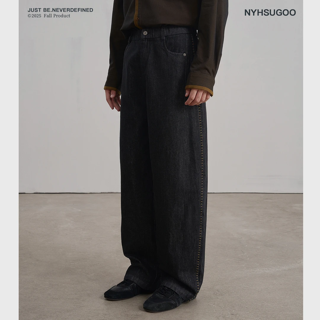 NYHSUGOO/南乙秋季复古成衣酵洗320G明线水洗3878男士牛仔裤