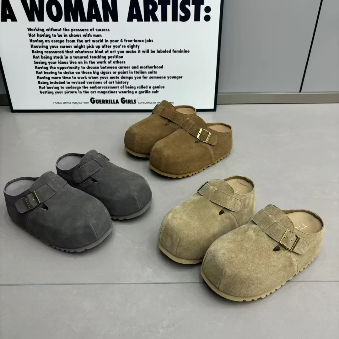 MSDD松糕底中跟6厘米平底包头包头拖凉鞋时尚米色卡其色保暖防滑