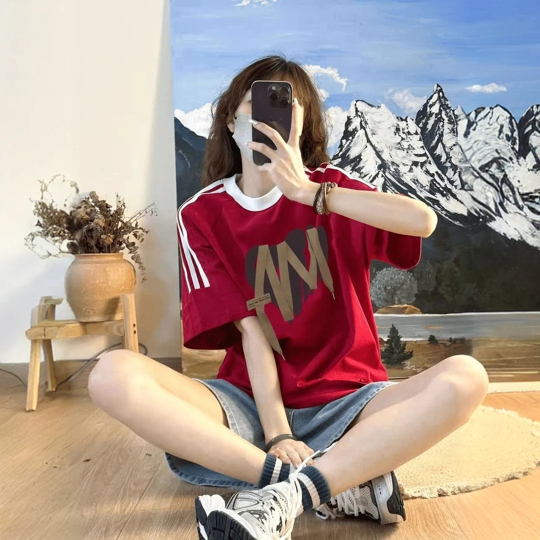 纯棉重磅黑色三条杠短袖t恤女美式复古小个子潮牌设计感宽松上衣