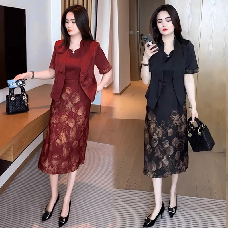 老钱风黑连衣裙女2025夏新款时髦洋气设计感气质百搭中长款两件套