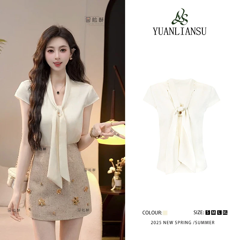 YUANLIANSU/圆脸酥【云舒月璃】小香风蝴蝶结修身显瘦针织短袖上衣