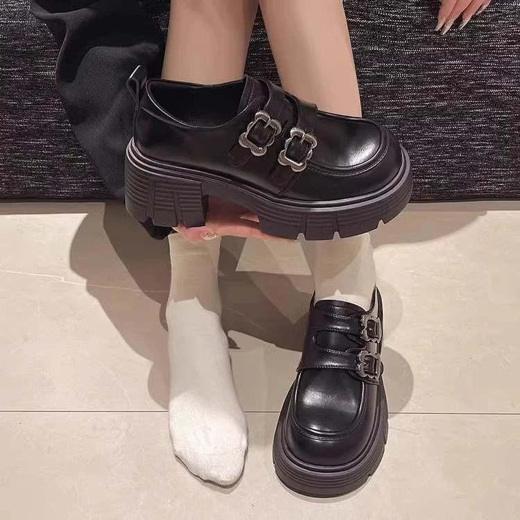 【爆款】2025新款春季一蹬粗跟厚底英伦风小皮鞋女乐福鞋小个子玛丽