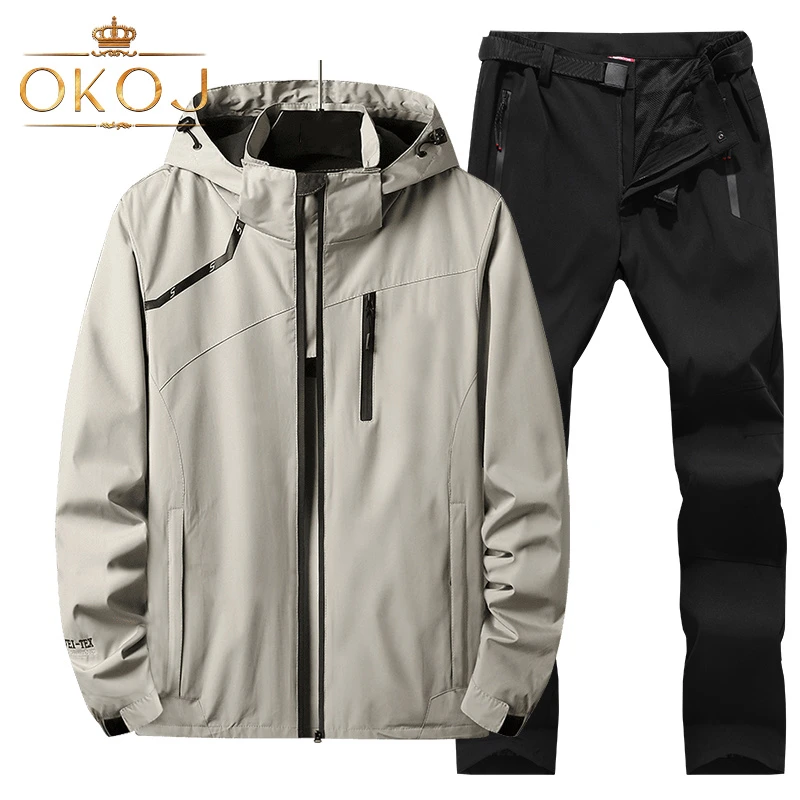 OKOJ冲锋衣男士户外防风防水秋季大码单层户外登山服徒步衣裤套装