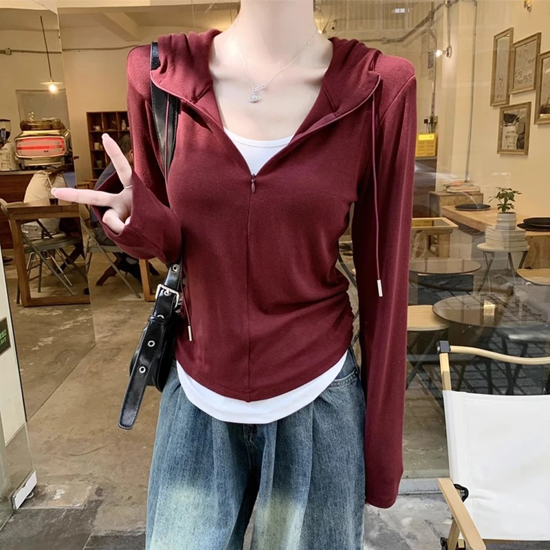春秋季百搭半拉链假两件连帽上衣T恤韩版修身显瘦拼接长袖卫衣女