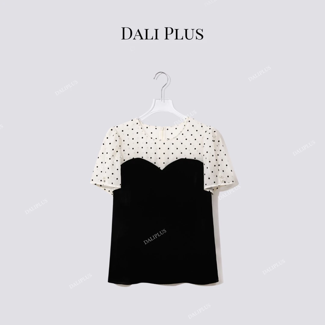 DALI PLUS“重磅真丝丝绒植绒波点上衣”拼接款假两件T恤-D5ST1256