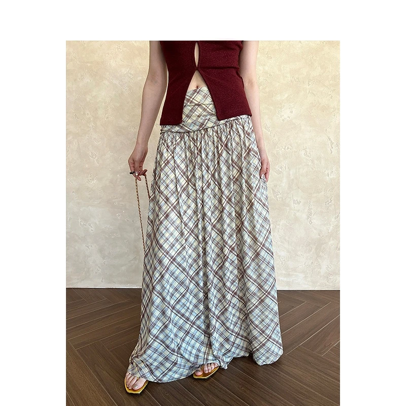 复古针织网纱格子半身裙女春夏新款时尚高腰显瘦百搭A字长裙