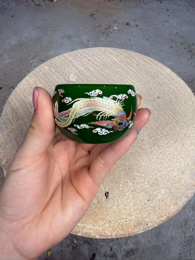 茶杯茶器 手握帝王绿龙凤杯 柴烧