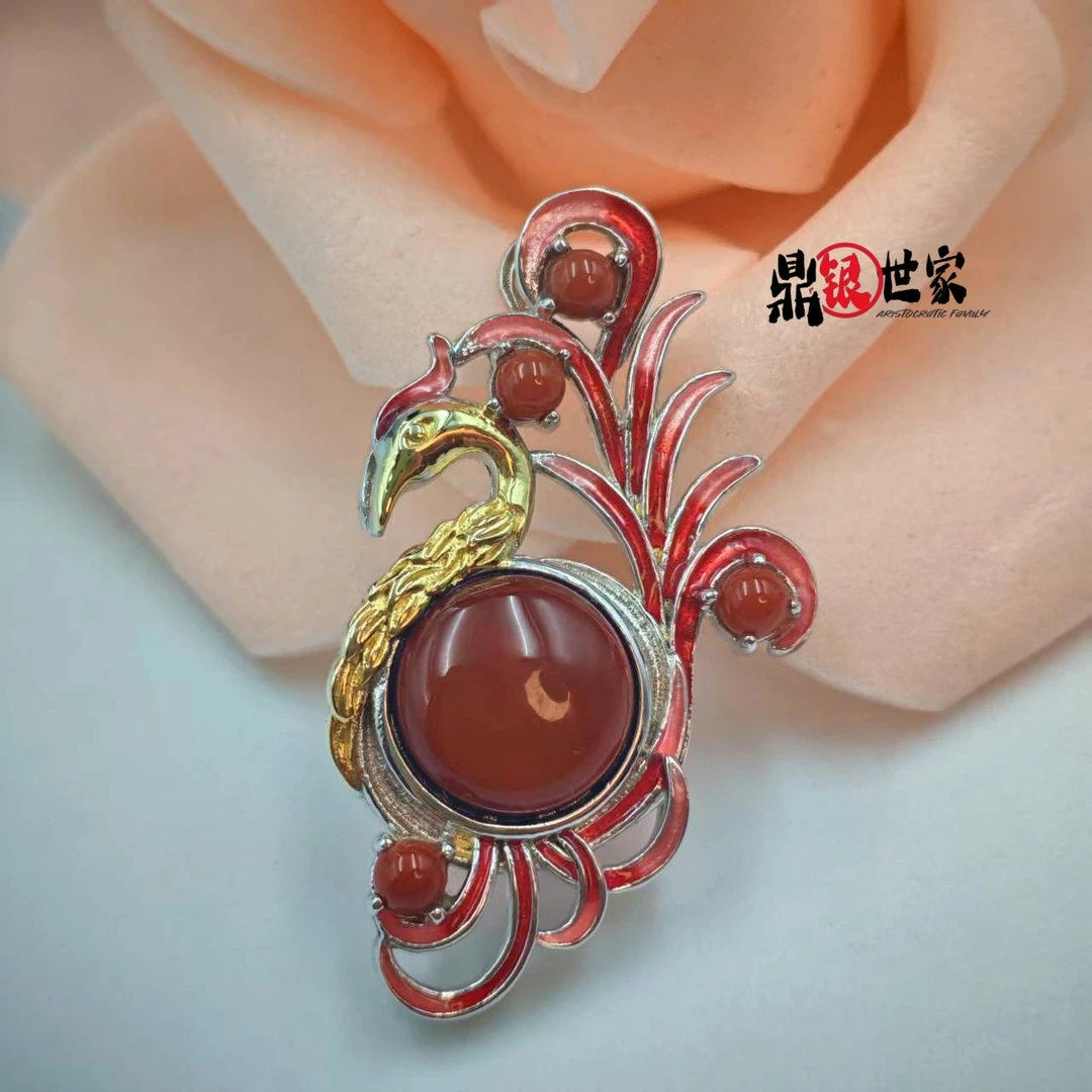 【夏颜楠萃】血珀S925银 珐琅彩红凤凰吊坠 5.1克+ 时尚 小众