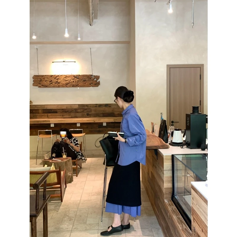 秋季克莱因蓝色衬衫韩系穿搭一整套黑色拼接半身长裙设计感套装女