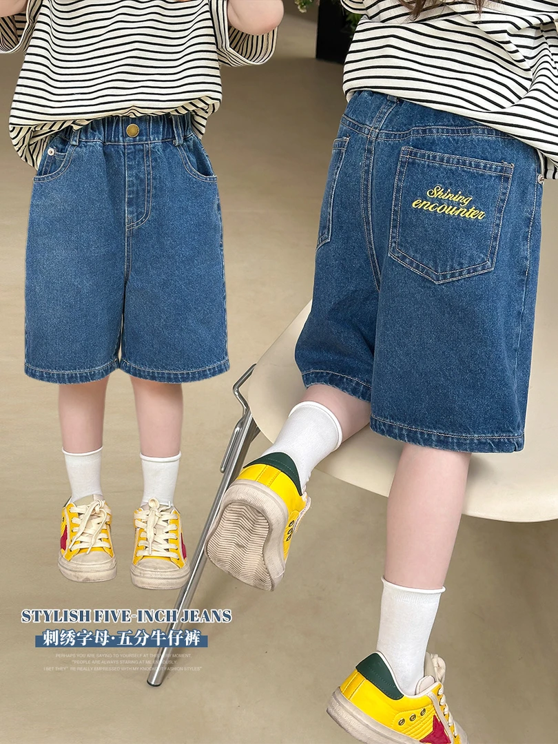【现货】夏儿童休闲韩版设计感后背字母刺绣洋气五分牛仔裤25C055