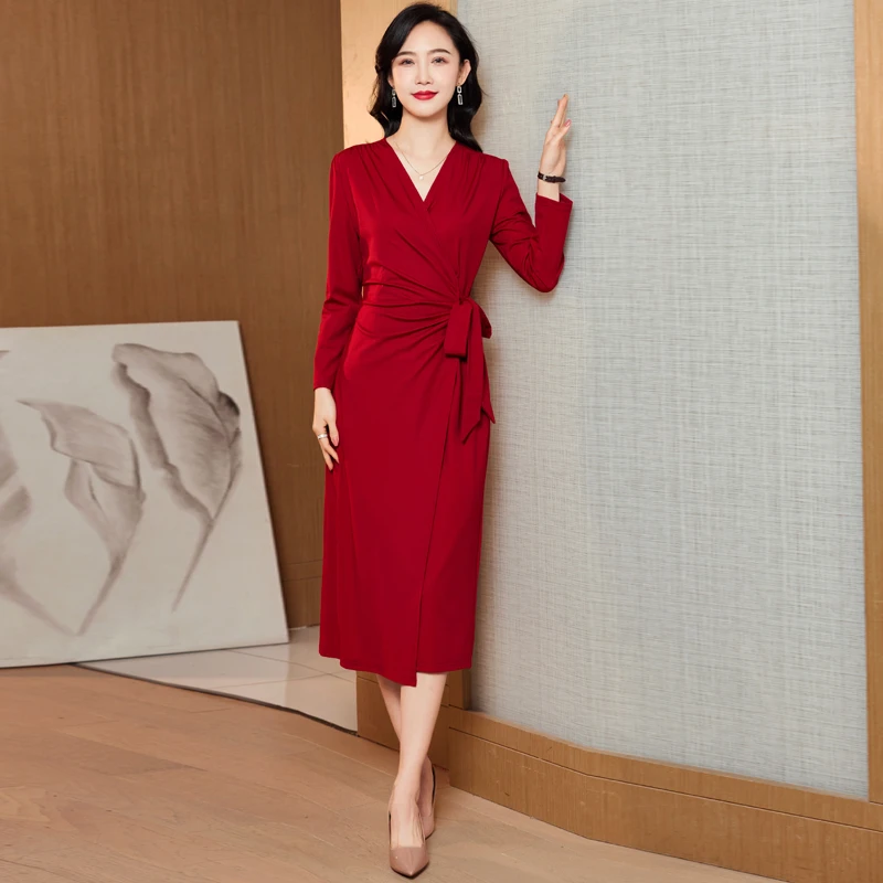2025春装新款纯色连衣裙红色收腰长袖修身中长款气质优雅女包臀裙