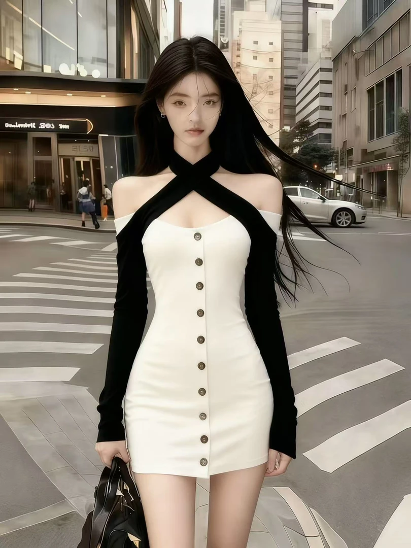 秋季新款撞色一字肩露肩交叉领挂脖修身单排扣收腰性感包臀连衣裙