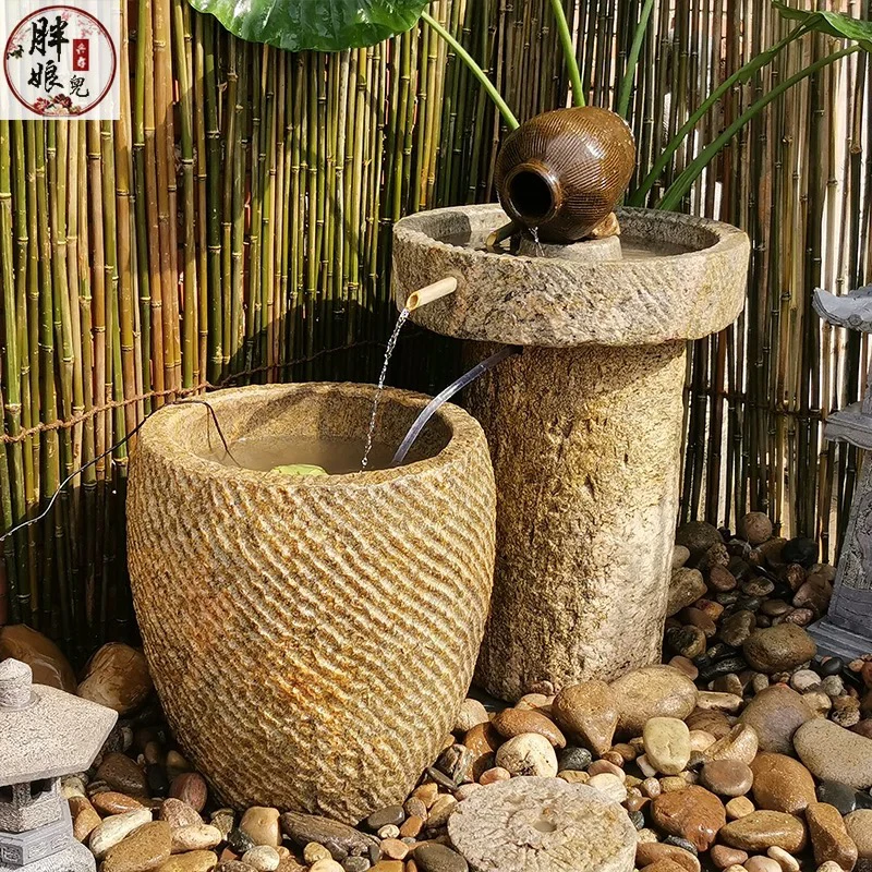 石缸鱼缸流水摆件石头水缸养鱼池水循环造景户外庭院水景中式复古