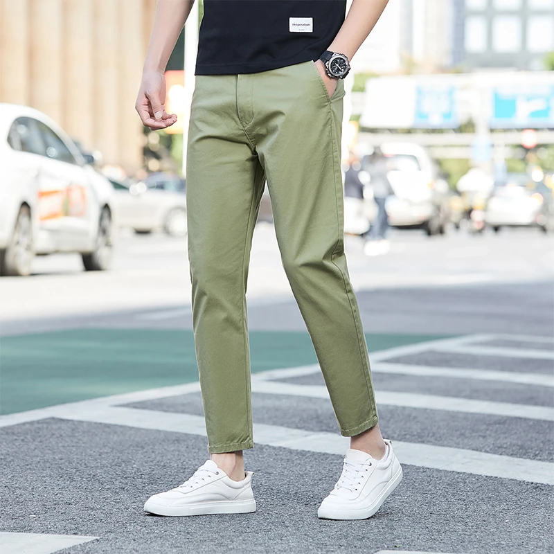 夏季新款薄款男士九分裤2025直筒草绿色弹力时尚潮流青年休闲裤子