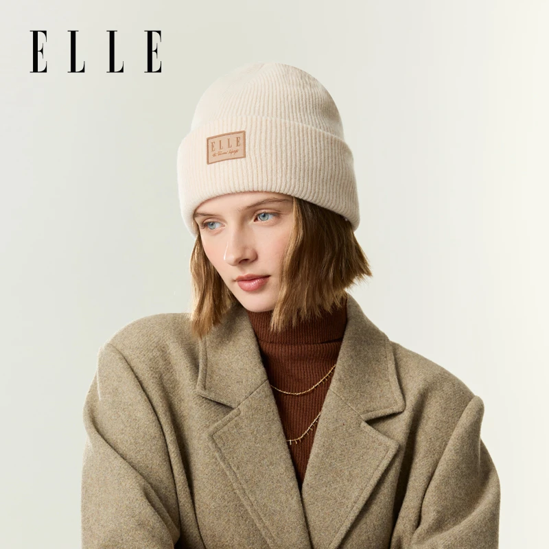 法国ELLE100羊毛针织帽毛线帽女秋冬保暖护耳双层冷帽21WE17032