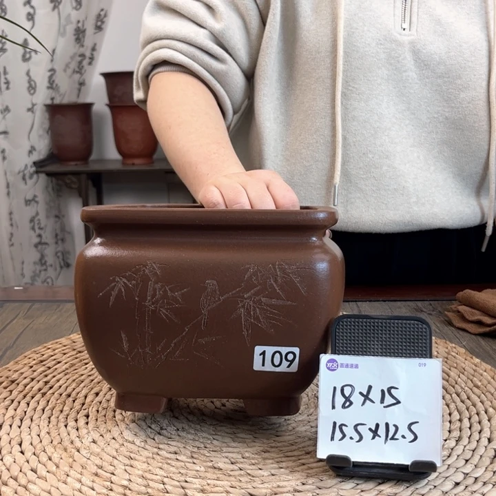 紫砂花盆孤品刻绘束口方109