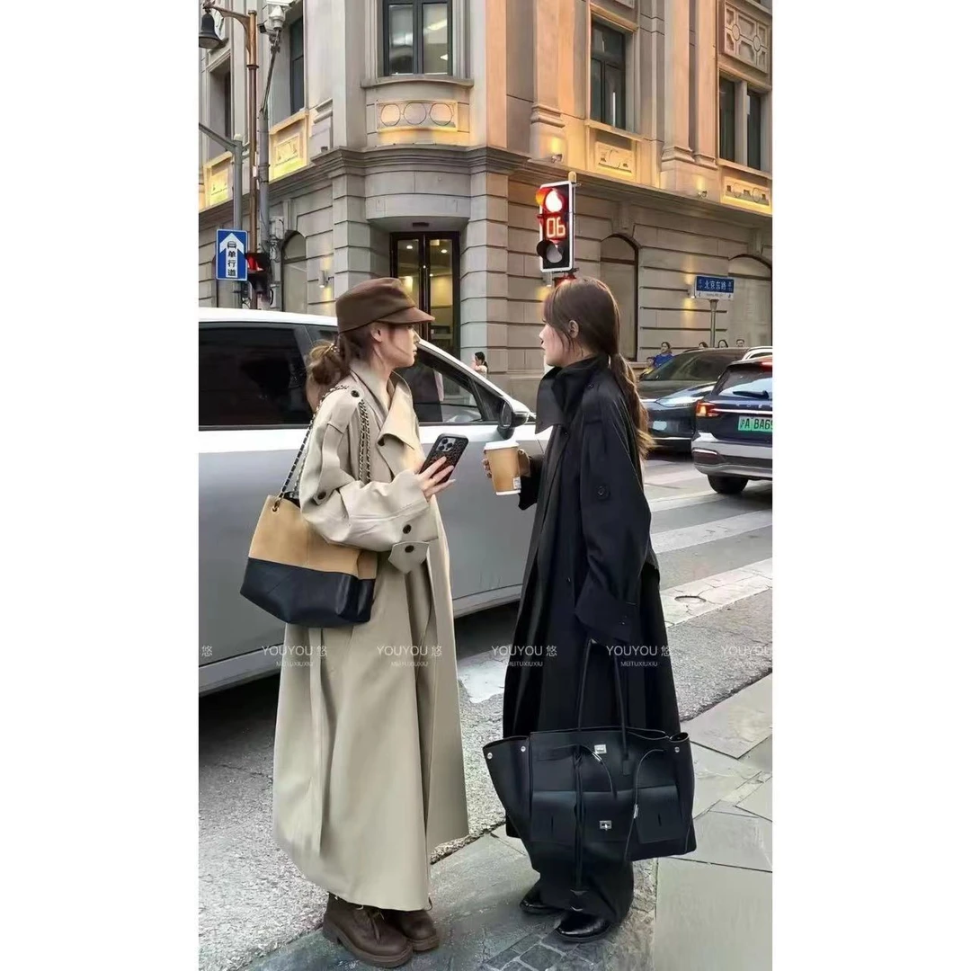 2510秋季长款法式宽松休闲风纯色风衣适合高个子女性
