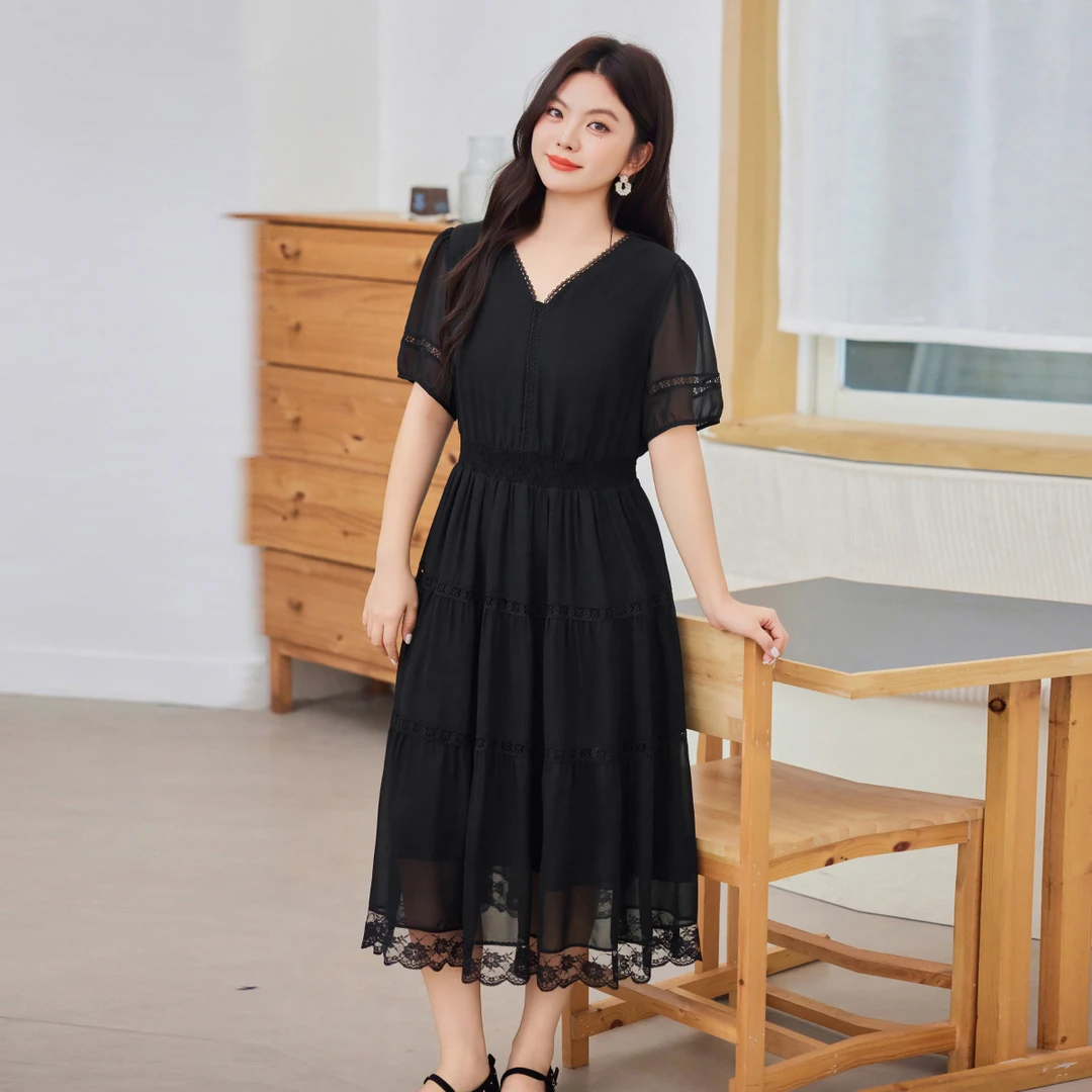 【凉快垂感气质收腰设计连衣裙】MsShe大码女装2025夏雪纺A2507042