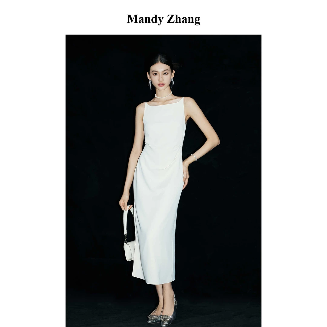 MandyZhang一字领白色吊带订婚礼服连衣裙女夏季气质长款小白裙子