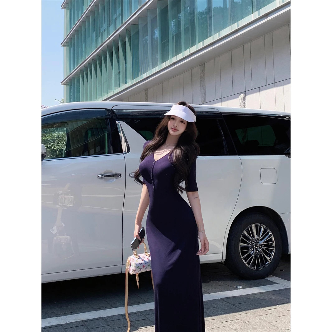 藏蓝色v领短袖连衣裙女夏季纯欲修身鱼尾长裙显身材收腰包臀裙子