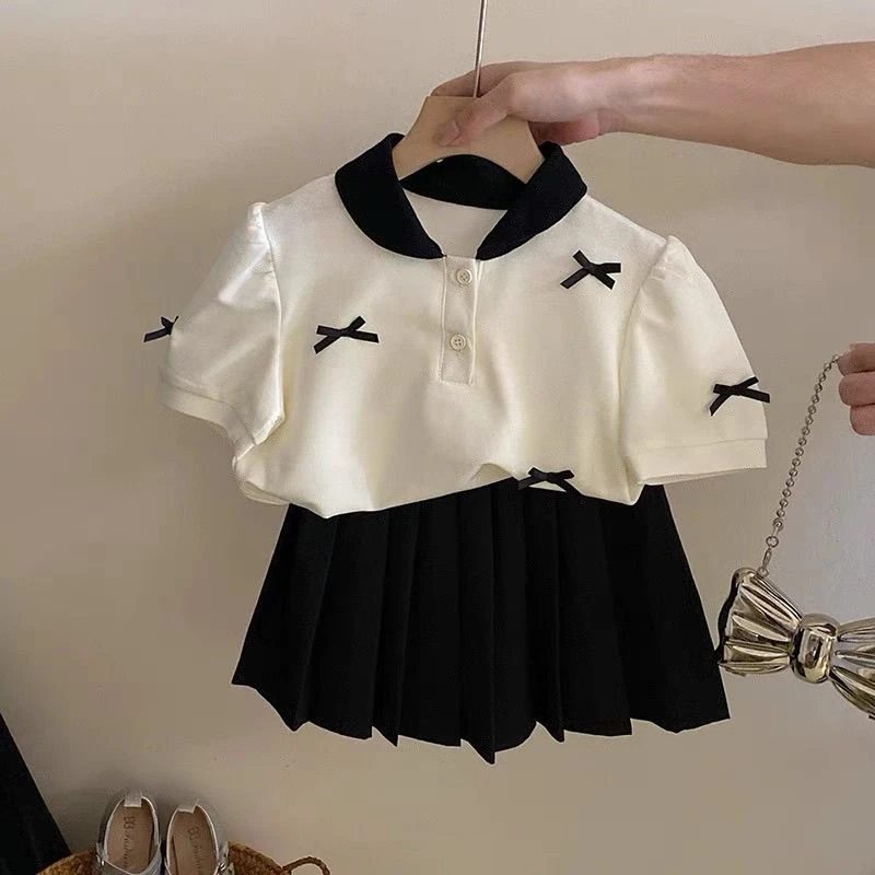 2025夏季新款童装女宝宝学院风套装2025夏装女童蝴蝶结短袖上衣百