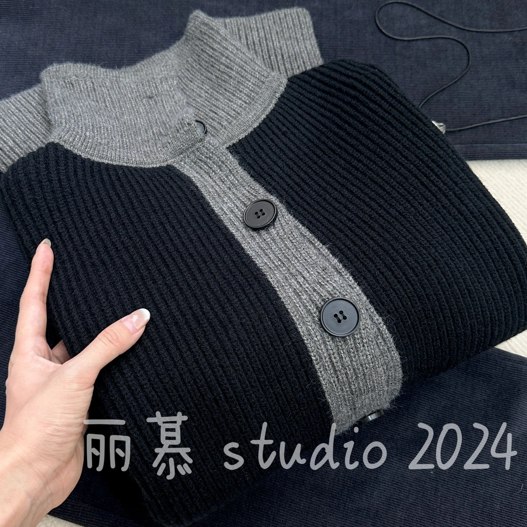 【暗黑撞色开衫】复古撞色可翻领长袖针织开衫单排扣上衣8099