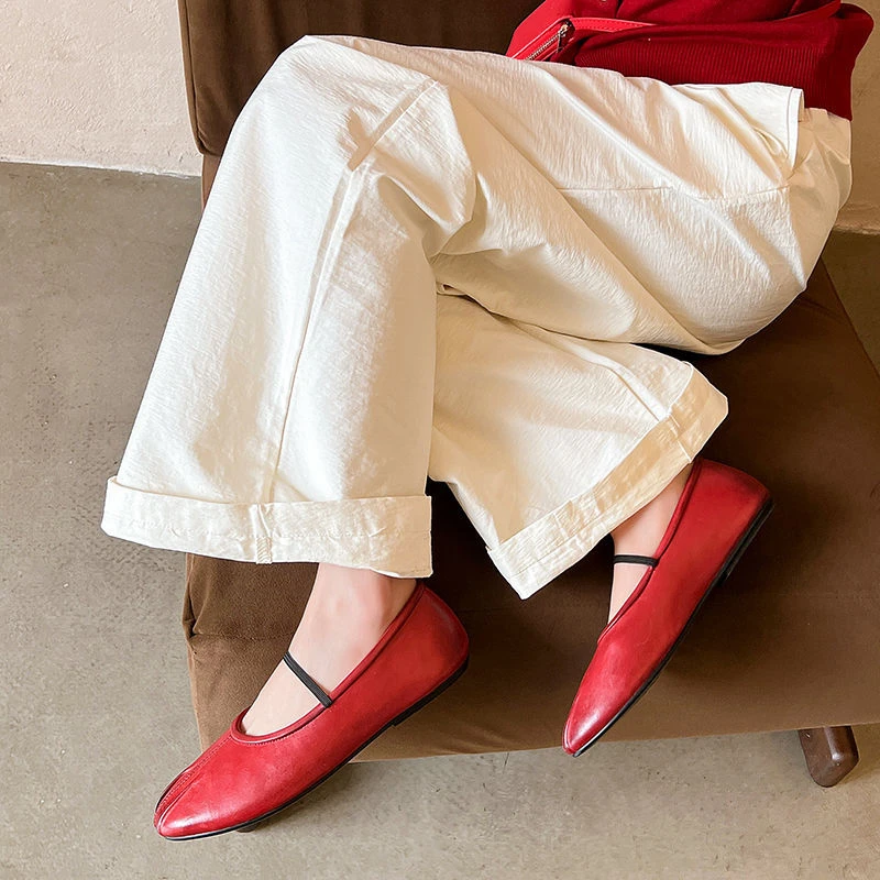 软皮芭蕾舞鞋平底单鞋女小皮鞋一字带极简奶奶鞋浅口玛丽珍鞋红色