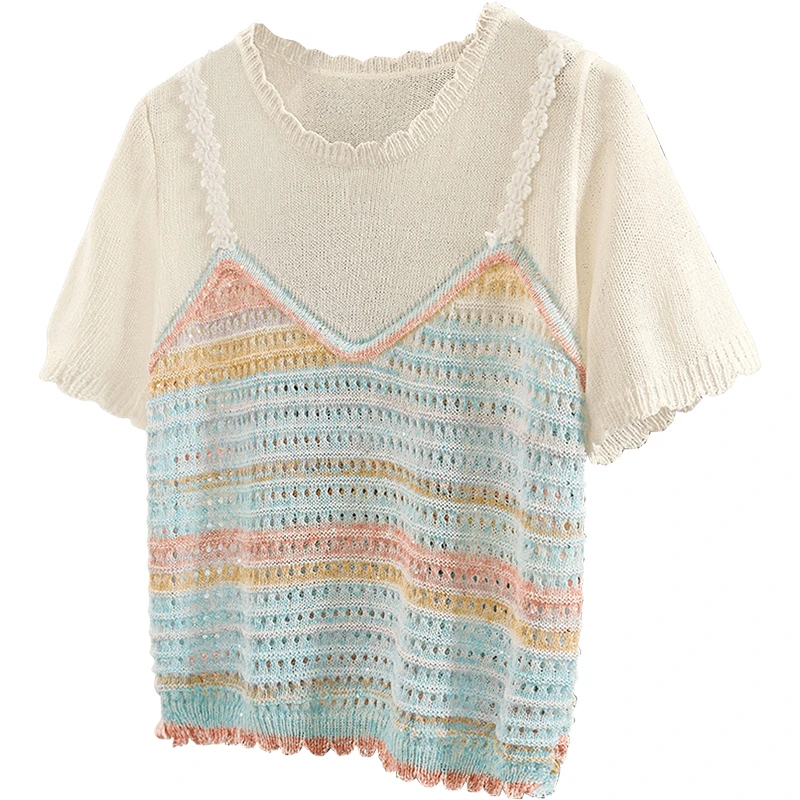 丝柏舍2025夏季新款女装时尚显瘦假两件套头圆领针织衫S52X4657Z