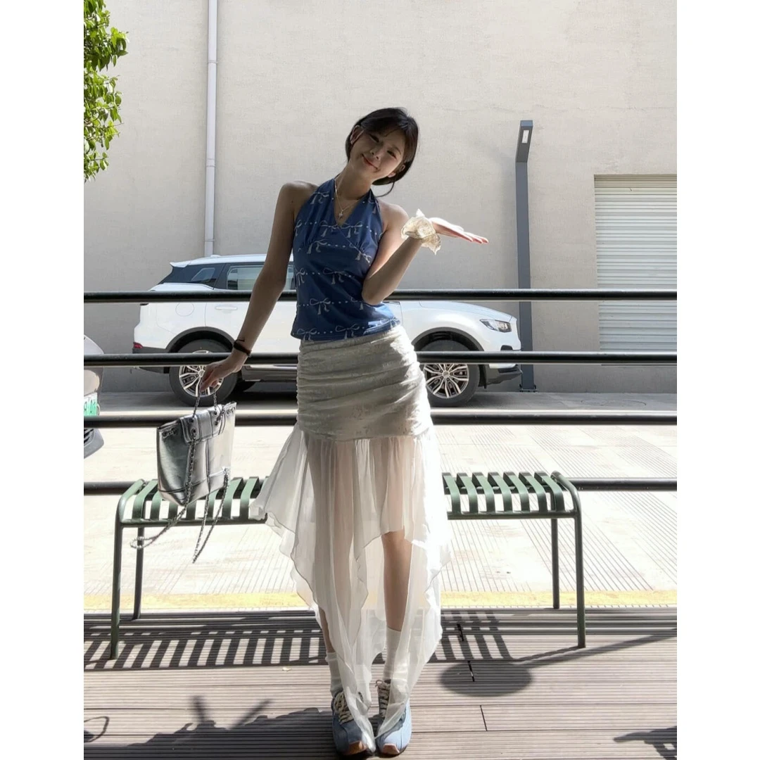 网红洋气炸街蝴蝶结印花挂脖背心女装设计感网纱小众不规则半身裙