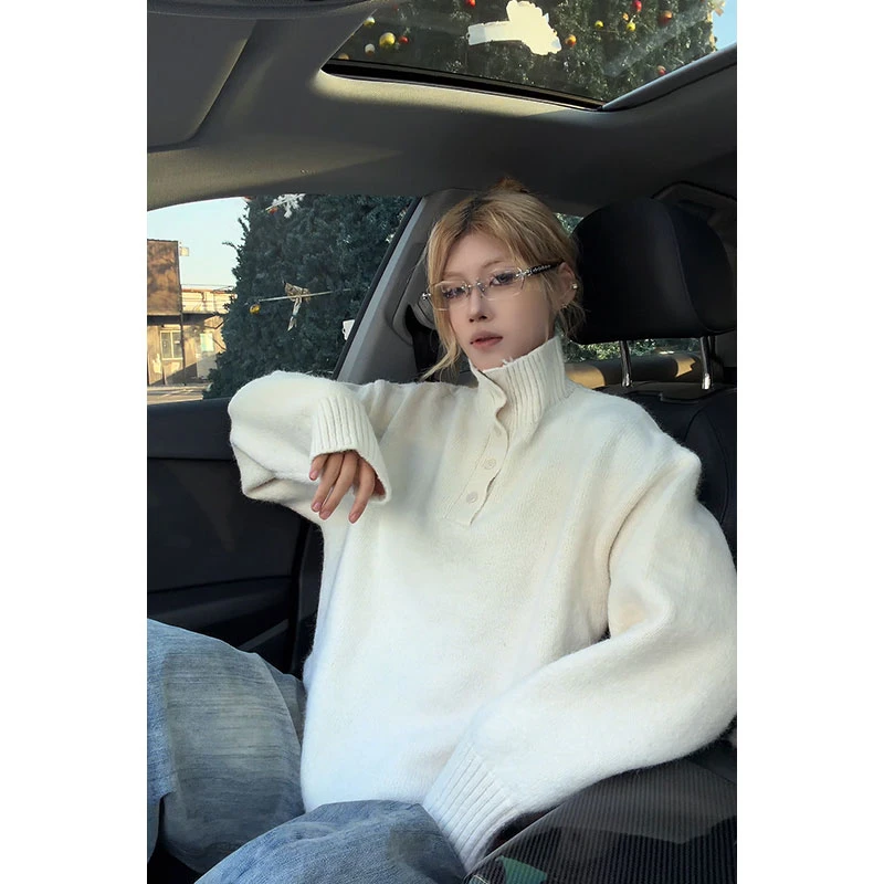 V37美式高领纯色套头毛衣冬季男女款慵懒韩系针织衫宽松潮牌上衣