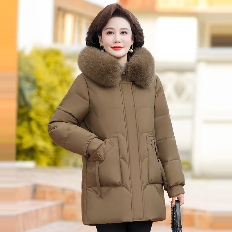 中老年羽绒服女中长款冬装中年妈妈洋气时尚休闲毛领连帽保暖外套