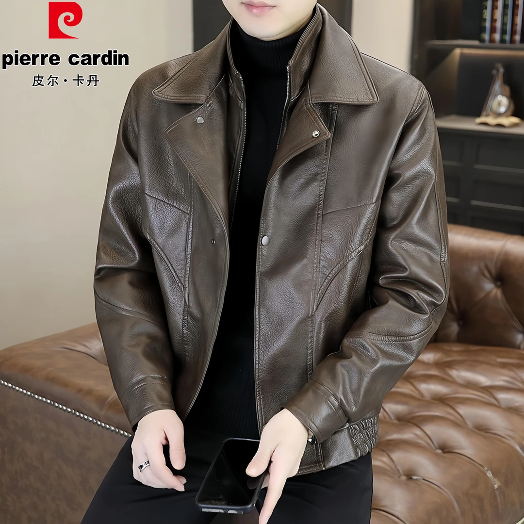 皮尔卡丹青年秋冬季厚款加绒保暖皮衣男士外套休闲时尚皮夹克外套