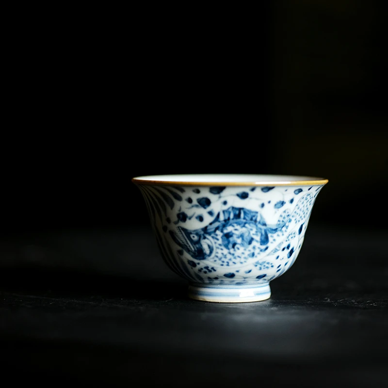 弥云斋陶瓷主人杯 手绘青花鱼藻纹茶杯 中式复古茶器景德镇茶具